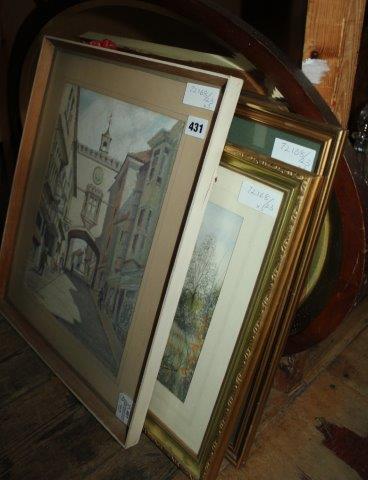 G I Henderson, Eastgate, Totnes, Devon, pastels and 2 watercolours of Kentish views & Vic mahogany oval mirror